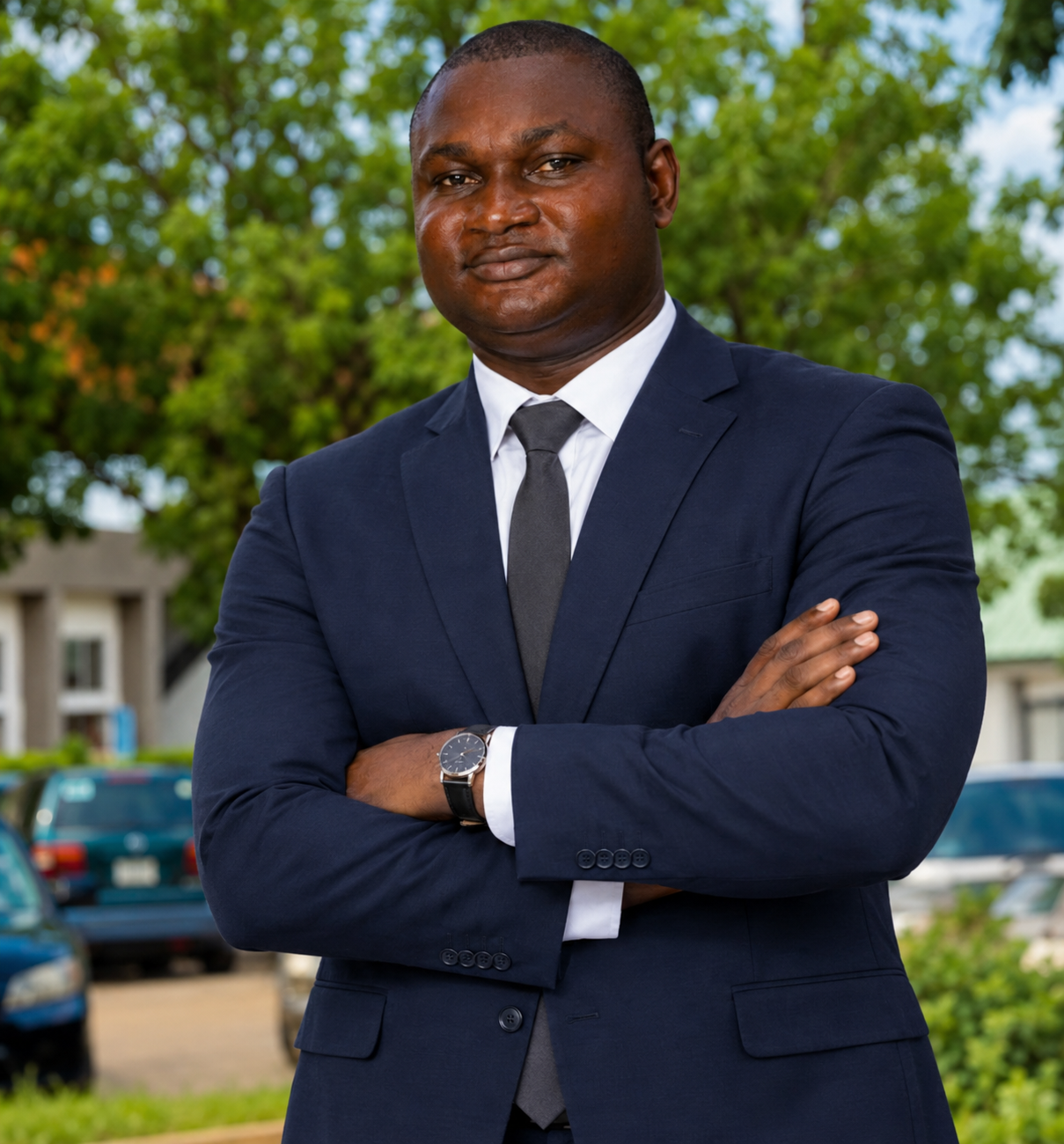 Portrait of Dr. John A. Olayiwola in a dark suit and burgundy tie, standing outdoors